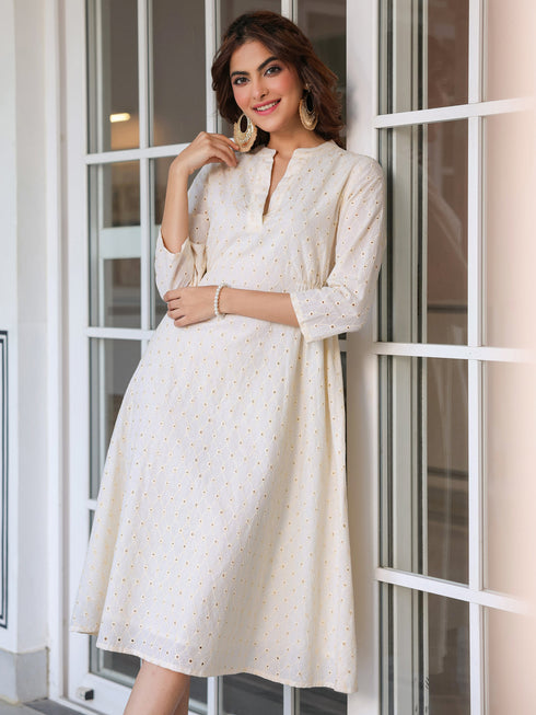 Janasya Women's Off White Pure Cotton Schiffli A-line Dress
